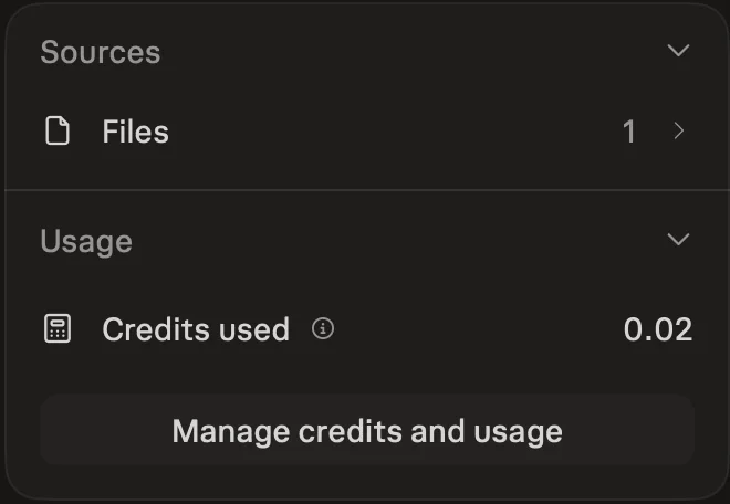 Mac app usage panel reading Credits used 0.02.