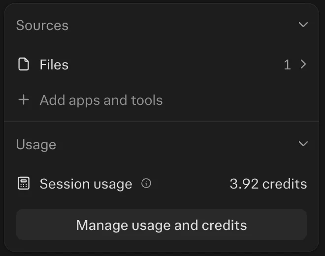 Web session usage panel for the same session reading 3.92 credits.