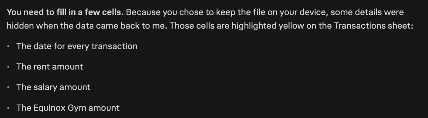The run's reply: You need to fill in a few cells.